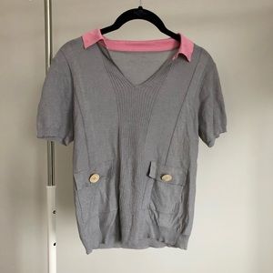 Grey Knit Blouse with Pink Collar